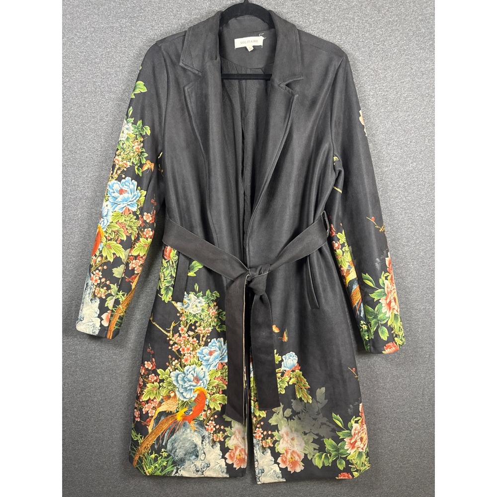 Solitaire Black Floral Peacock Print Belted Trench Coat Duster Size L Boho art